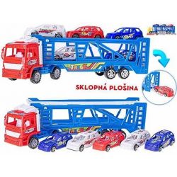 Přepravník aut 38cm na setrvačník s auty 5ks volný chod 2barvy